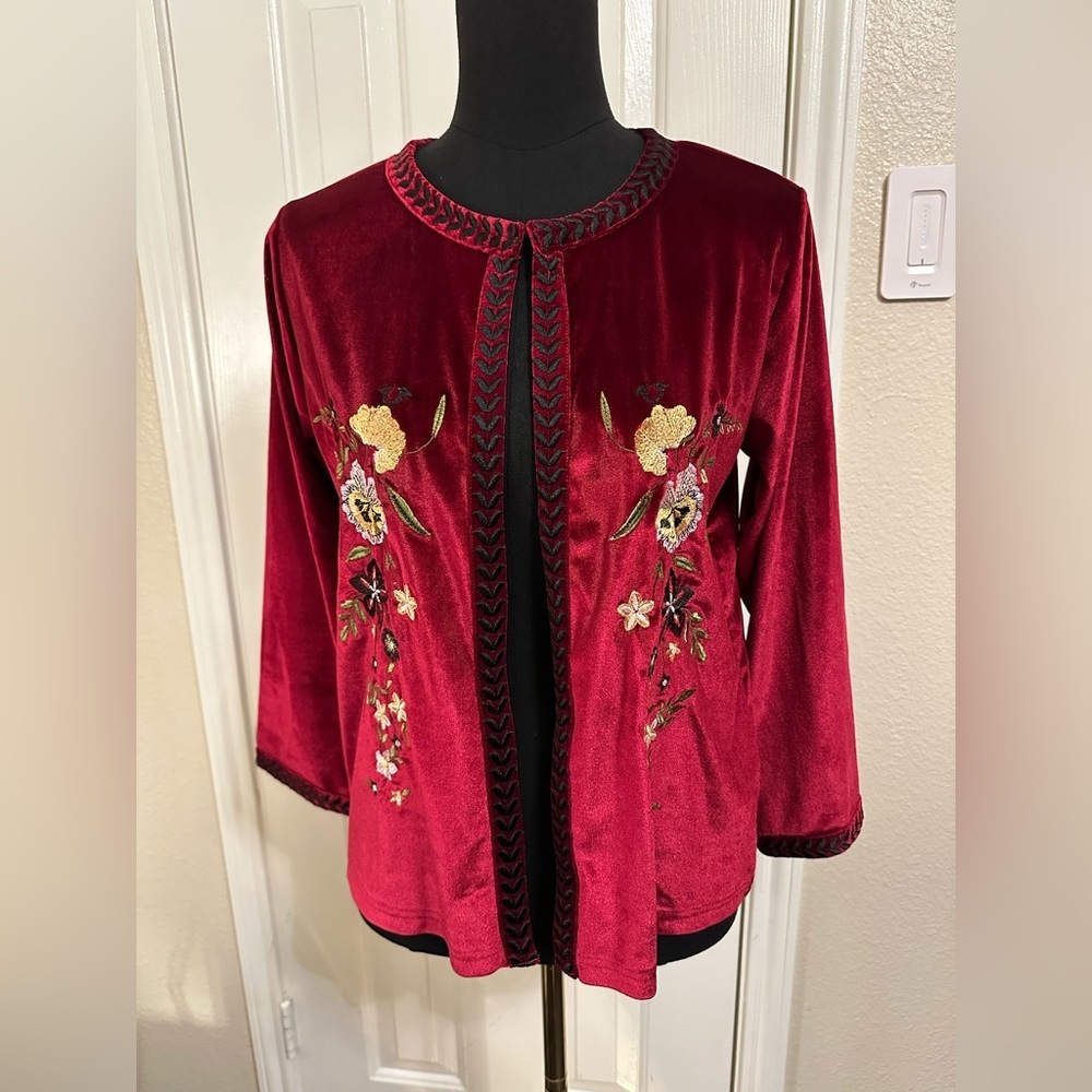Parory Red Velvet Embroidered Open Front Cardigan Jacket Size 10 M Floral